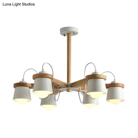 Nordic Wood Semi Flush Ceiling Mount Chandelier With Barrel Lampshade - 6 Bulbs Wheel Style White