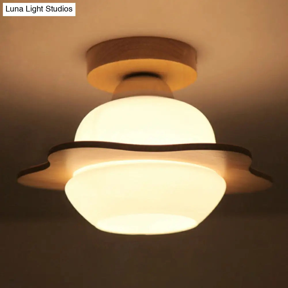 Nordic Wood Semi Flush Mount Ceiling Fixture: Cream Glass Flower Corridor Lighting With 1 - Light