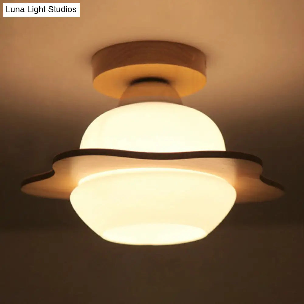Nordic Wood Semi Flush Mount Ceiling Fixture: Cream Glass Flower Corridor Lighting With 1 - Light