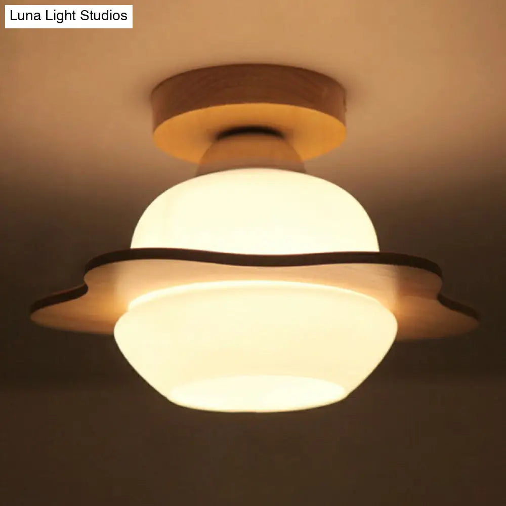 Nordic Wood Semi Flush Mount Ceiling Fixture: Cream Glass Flower Corridor Lighting With 1-Light