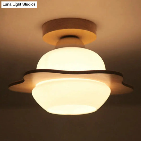 Nordic Wood Semi Flush Mount Ceiling Fixture: Cream Glass Flower Corridor Lighting With 1-Light