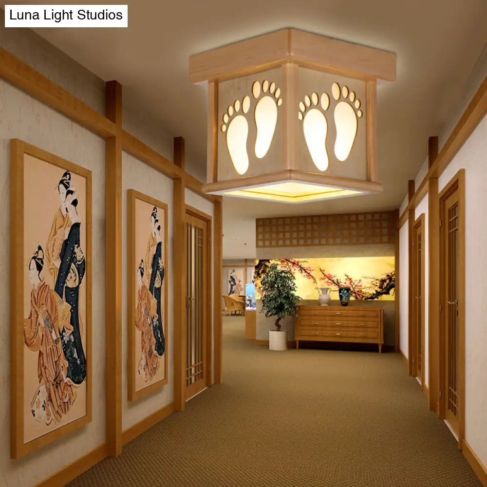 Nordic Wood Square Close To Ceiling Light - 10’ W Flush Mount Fixture With Footprints For Dining