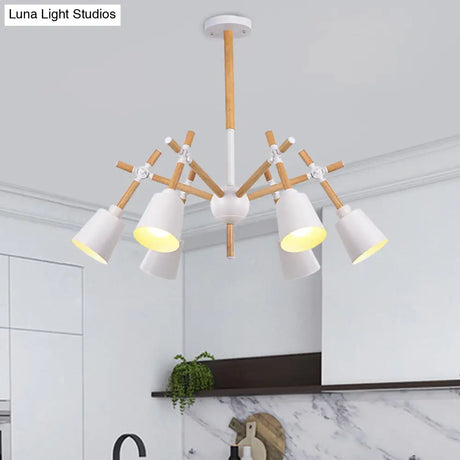 Nordic Wood Swing Arm Chandelier With 6 Bulbs And Conic Lamp Shade In Black/White