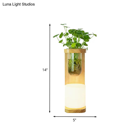 Nordic Wood Wall Sconce With Opal Glass Cylinder - 1-Head Light Fixture Featuring Clear Plant Cup