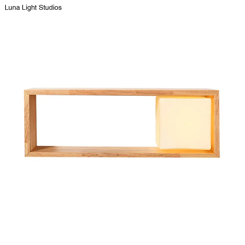 Nordic Wood Wall Sconce With Rack Feature - Fillet/Right Angle Rectangle Design For Bedside Flush
