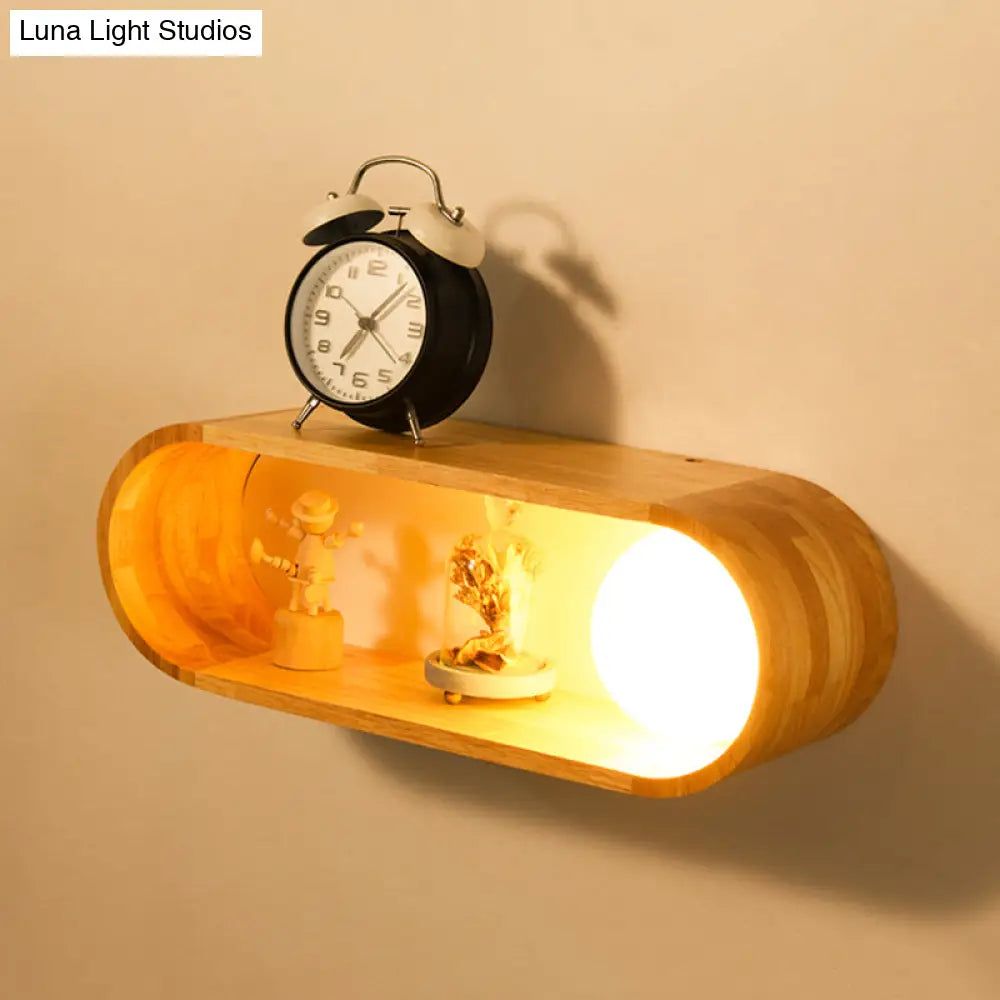 Nordic Wood Wall Sconce With Rack Feature - Fillet/Right Angle Rectangle Design For Bedside Flush