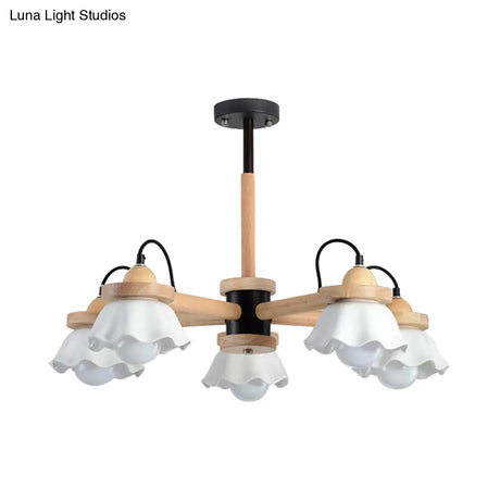 Nordic Wooden Chandelier With Scallop Shades - Perfect For Living Room Ceiling Lighting