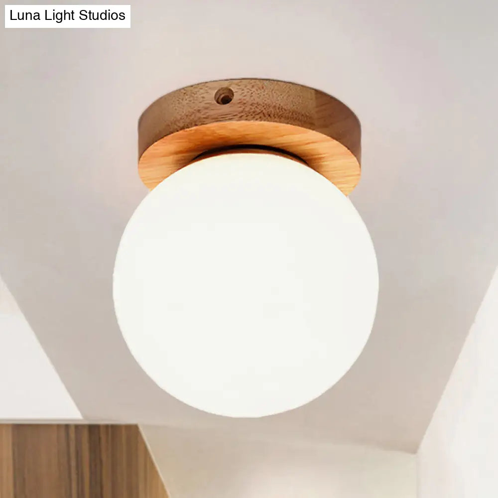 Nordic Wooden Glass Flush Mount Ceiling Light With Milky Globe Modern Lighting Fixture
