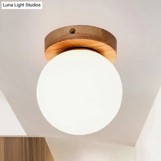 Nordic Wooden Glass Flush Mount Ceiling Light With Milky Globe Modern Lighting Fixture