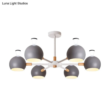 Nursing Room Snowflake Chandelier - 6-Head Wood Ceiling Pendant With Spherical Shade