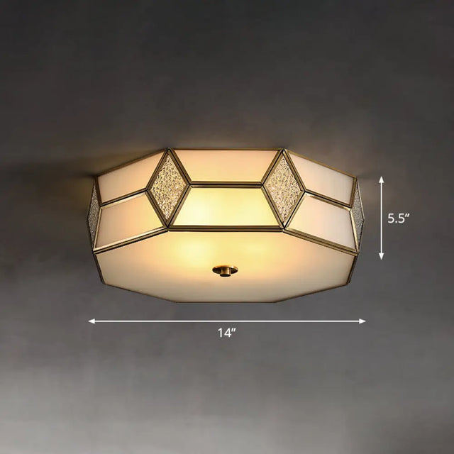Octagon Flush Mount Bedroom Ceiling Light Fixture With Minimalistic Textured White Glass And Brass