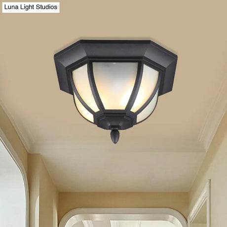 Octagon Flush Mount Ceiling Light Fixture - Classic Black Finish With Frosted Glass