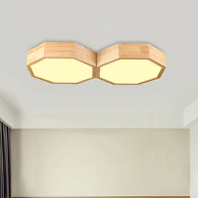 Octagon Twin Ceiling Light Fixture - Nordic Wood Led Flush Mount Lamp For Bedroom