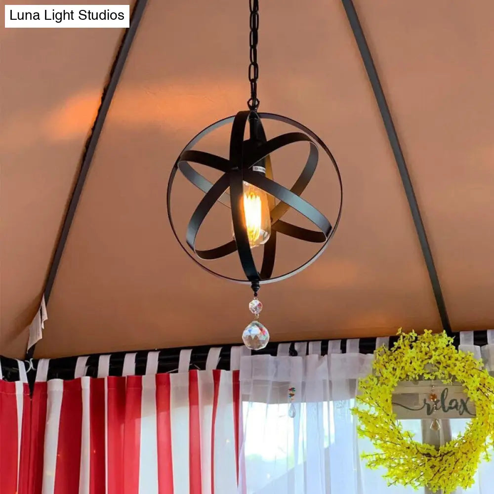 Industrial Black Metal Globe Pendant Lighting With Optional Crystal Ball - One Light Strap Design /