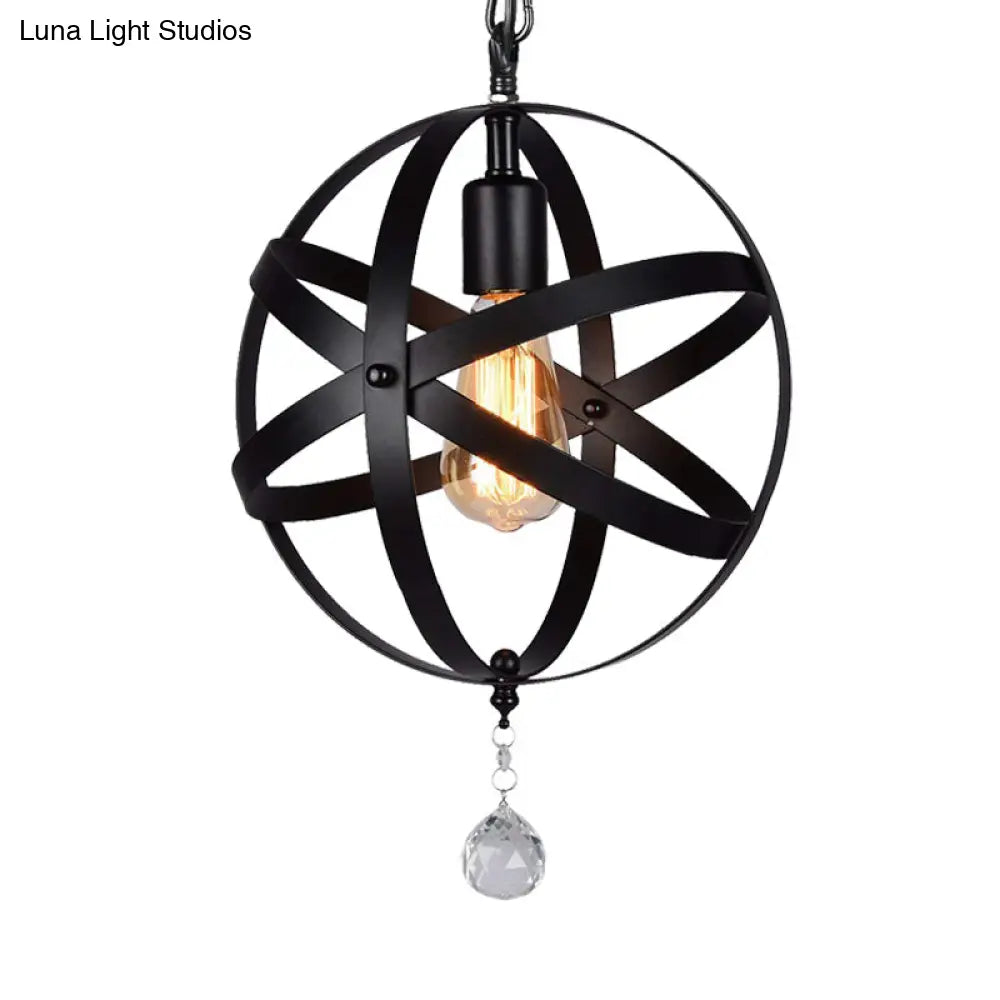 One Light Strap Globe Pendant Industrial Black Metal Ceiling With/Without Crystal Ball