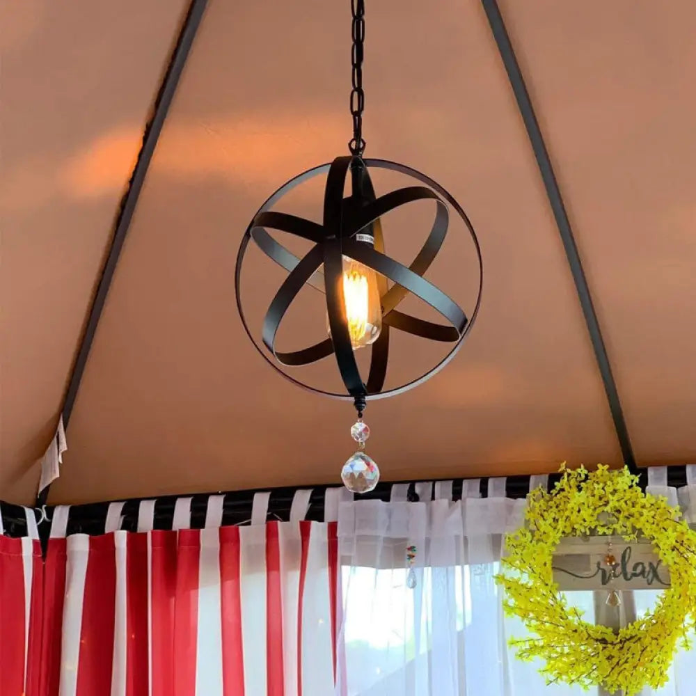 One Light Strap Globe Pendant Industrial Black Metal Ceiling With/Without Crystal Ball / With