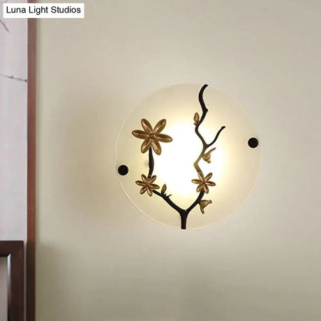 Opal Frosted Glass Led Wall Lamp In Gold - Flower Branch Bedside Mural Asia-Inspired Mounted Light