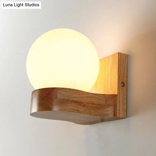 Opal Glass 1-Light Nordic Wall Sconce - Ball Shape Wood Fixture