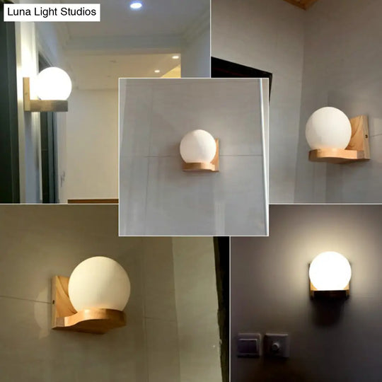 Opal Glass 1-Light Nordic Wall Sconce - Ball Shape Wood Fixture