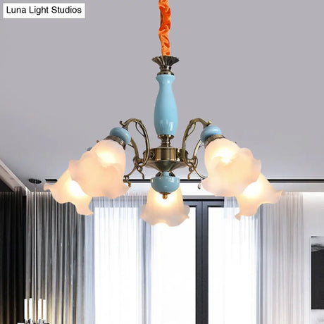Opal Glass Ceiling Chandelier With Flower Design - Traditional 3/5 Heads Light Blue/Pewter