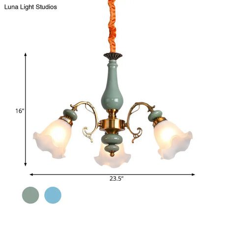 Opal Glass Ceiling Chandelier With Flower Design - Traditional 3/5 Heads Light Blue/Pewter