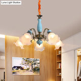 Opal Glass Ceiling Chandelier With Flower Design - Traditional 3/5 Heads Light Blue/Pewter