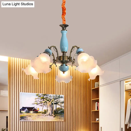 Opal Glass Ceiling Chandelier With Flower Design - Traditional 3/5 Heads Light Blue/Pewter