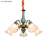 Opal Glass Ceiling Chandelier With Flower Design - Traditional 3/5 Heads Light Blue/Pewter