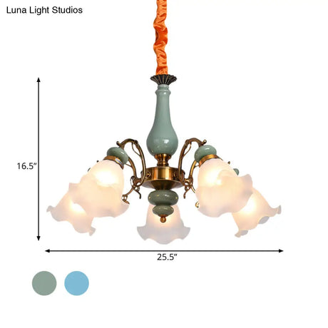Opal Glass Ceiling Chandelier With Flower Design - Traditional 3/5 Heads Light Blue/Pewter