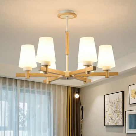 Opal Glass Chandelier Ceiling Light With Contemporary Wood Design - Ideal For Bedroom 6 /