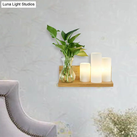 Opal Glass Cylinder Wall Sconce - Industrial Led Bedside Lamp In Wood Left/Right