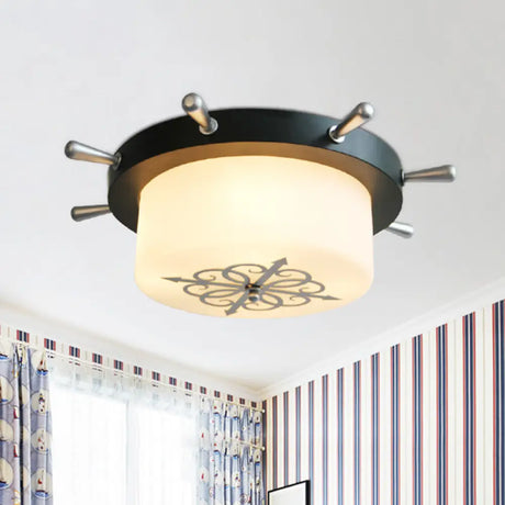 Opal Glass Drum Flush Mount Fixture - 3 Bulbs White/Light Blue/Blackish Green Blackish