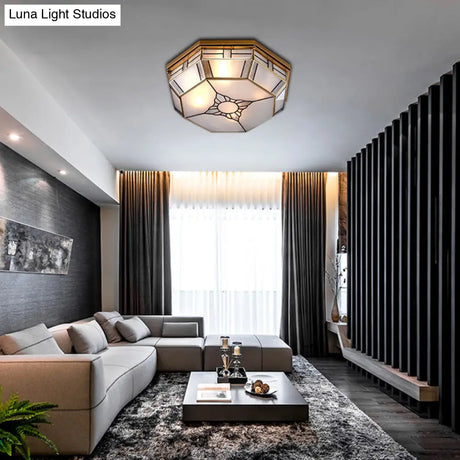 Opal Glass Flush Light With 3 Heads - Brass Finish Octagonal Shape Bedroom Ceiling Lighting