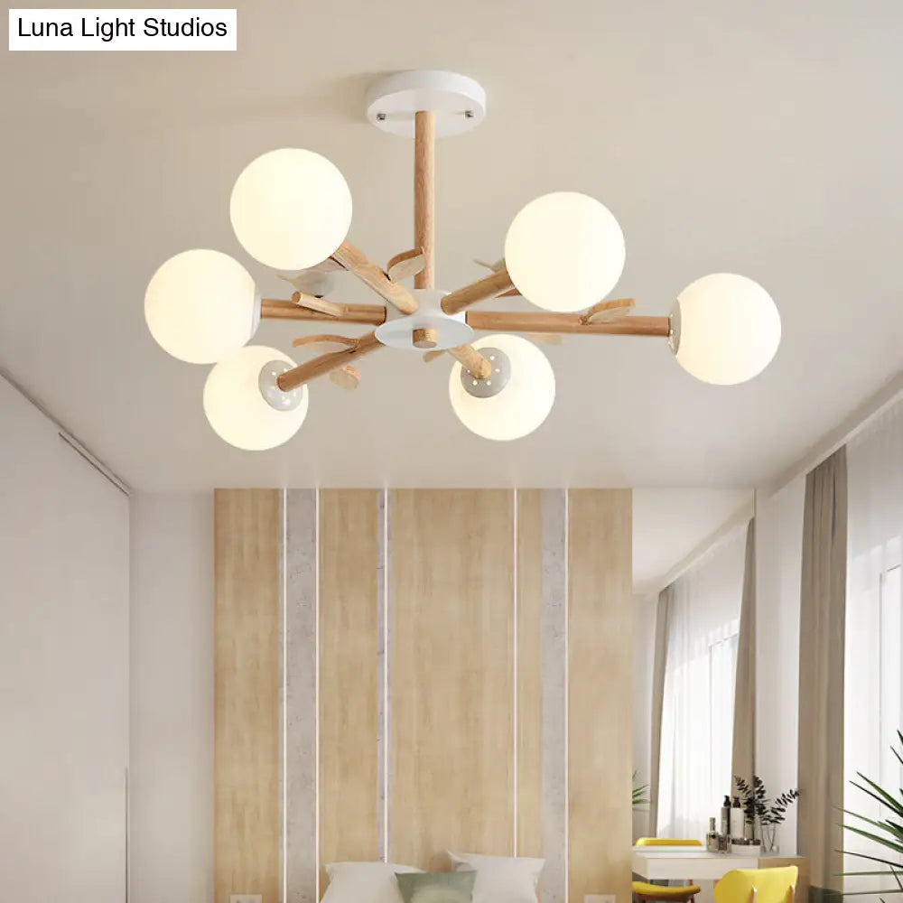 Modern Opal Glass Globe Chandelier: Wood Pendant Light Fixture For Living Room