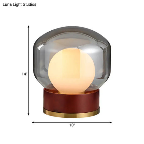 Opal Glass Globe Night Light With Wood Base - Countryside Bedroom Table Lamp In Brown