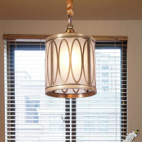 Opal Glass Hallway Pendant Light With Rural Charm - Cylindrical 1-Head Suspended Lamp Brass / Oval