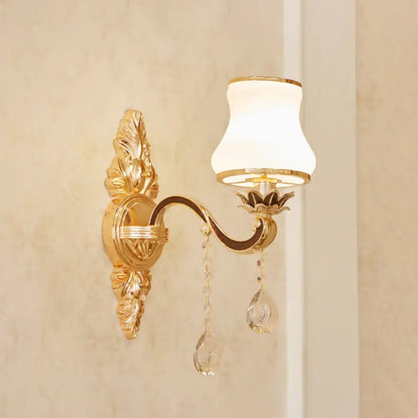 Opal Glass Wall Light: Classic Gold Fixture With Crystal Accent For Living Room 1 / C