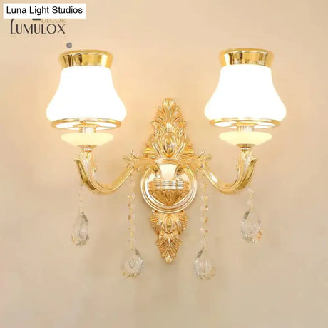 Opal Glass K9 Crystal Wall Light Classic Living Room Lighting Fixture With Accent In Gold