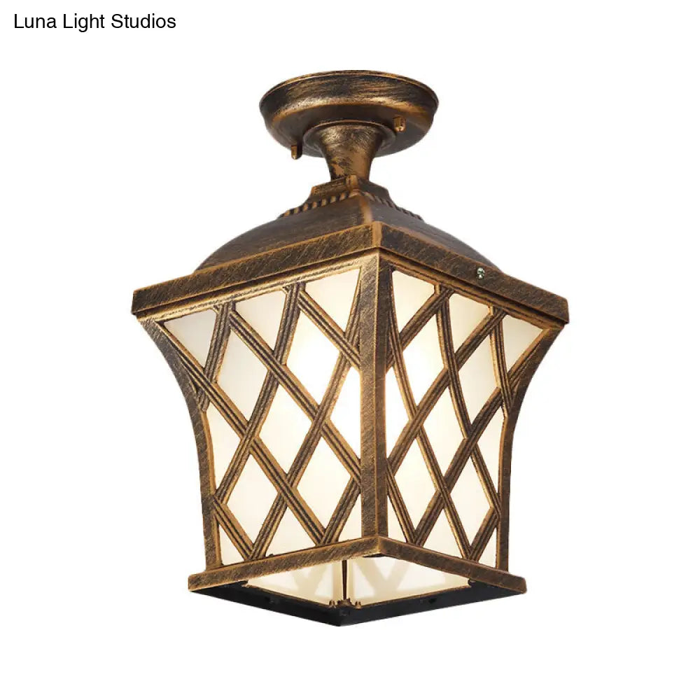 Opal Glass Lantern Semi Flush Mount Country Balcony Light In Black/Bronze - Metal X-Frame 1