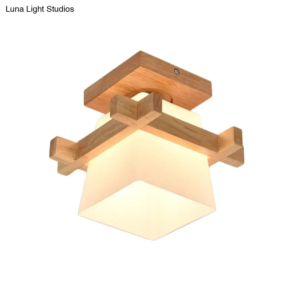 Opal Glass Led Ceiling Fixture With Wood Antler/Square/Round Design - Beige Flushmount