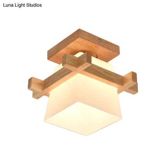 Opal Glass Led Ceiling Fixture With Wood Antler/Square/Round Design - Beige Flushmount