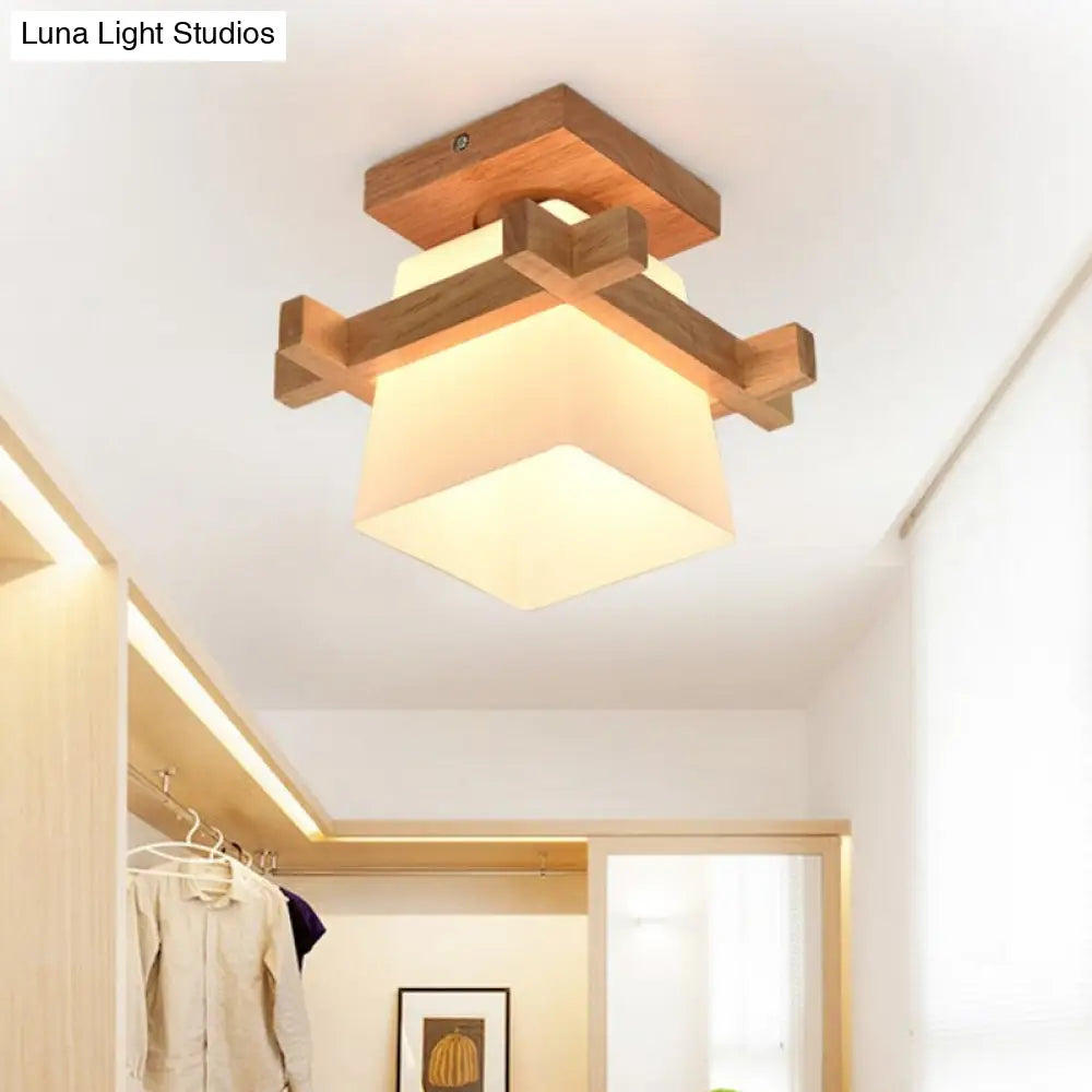 Opal Glass Led Ceiling Fixture With Wood Antler/Square/Round Design - Beige Flushmount / Square