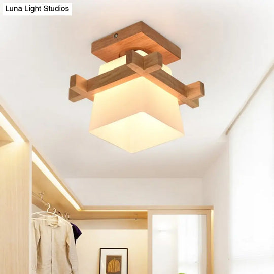 Opal Glass Led Ceiling Fixture With Wood Antler/Square/Round Design - Beige Flushmount / Square