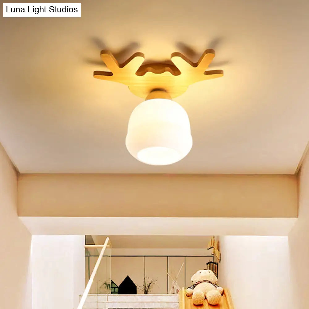 Opal Glass Led Ceiling Fixture With Wood Antler/Square/Round Design - Beige Flushmount