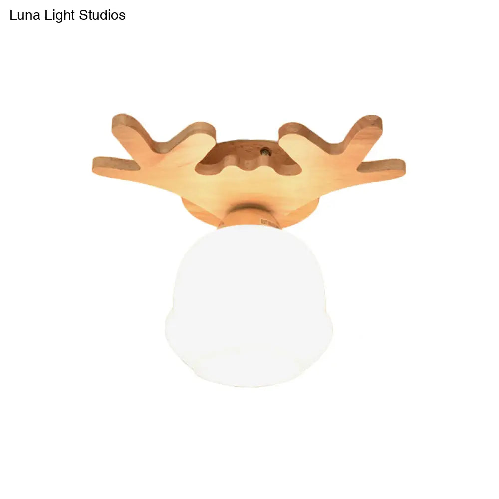 Opal Glass Led Ceiling Fixture With Wood Antler/Square/Round Design - Beige Flushmount