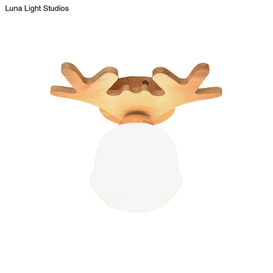 Opal Glass Led Ceiling Fixture With Wood Antler/Square/Round Design - Beige Flushmount
