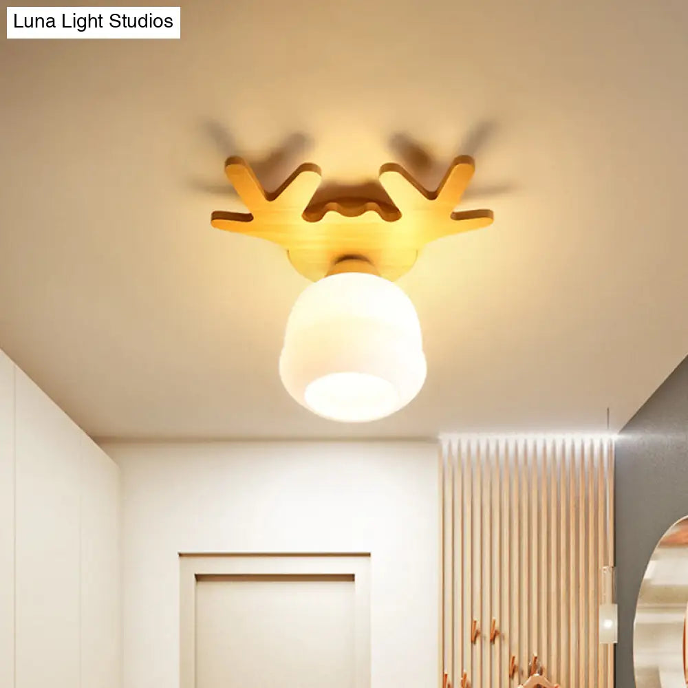 Opal Glass Led Ceiling Fixture With Wood Antler/Square/Round Design - Beige Flushmount / Antler