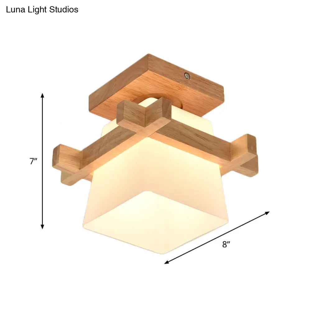 Opal Glass Led Ceiling Fixture With Wood Antler/Square/Round Design - Beige Flushmount