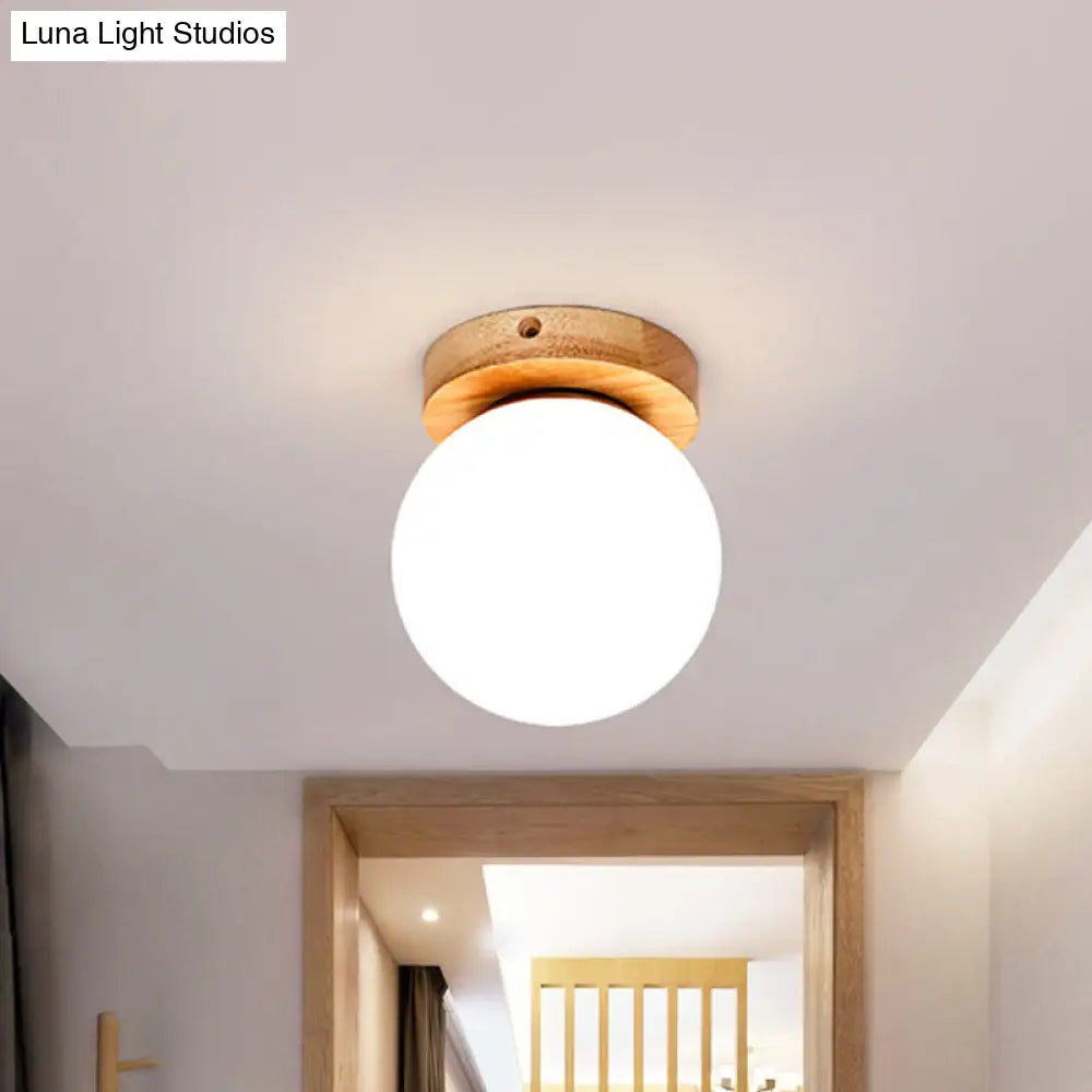 Opal Glass Led Ceiling Fixture With Wood Antler/Square/Round Design - Beige Flushmount / Round
