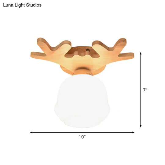 Opal Glass Led Ceiling Fixture With Wood Antler/Square/Round Design - Beige Flushmount